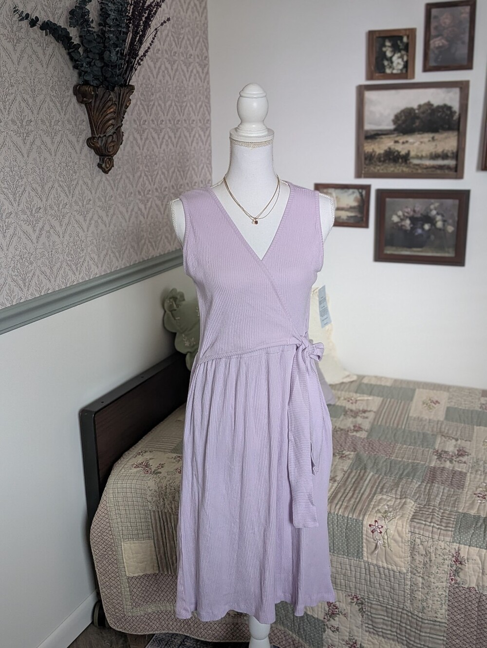 Elegantees Milan Dress Small Lavender Rib Knit Wrap Cotton Pocket Dress NWT